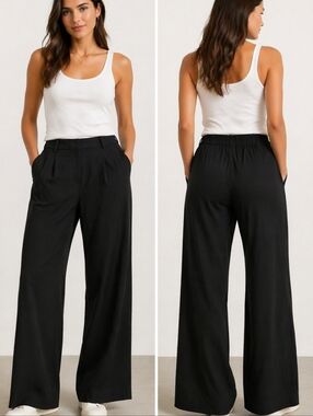 Sassy Zoey Wide Leg Black Trousers Elastic Waist Minimalist Clean Girl Size L